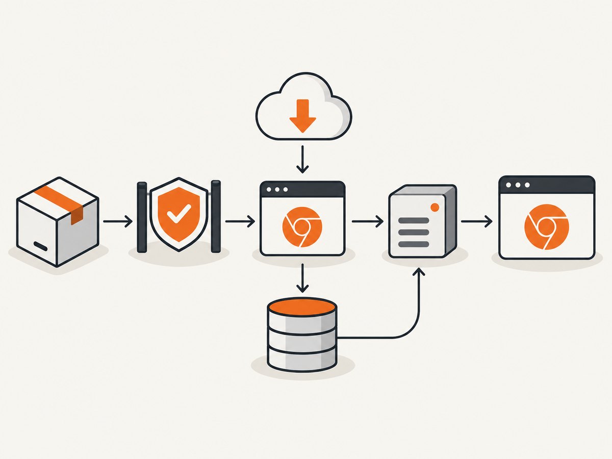 The install path: script approval, browser download, shared cache, and runtime launch.