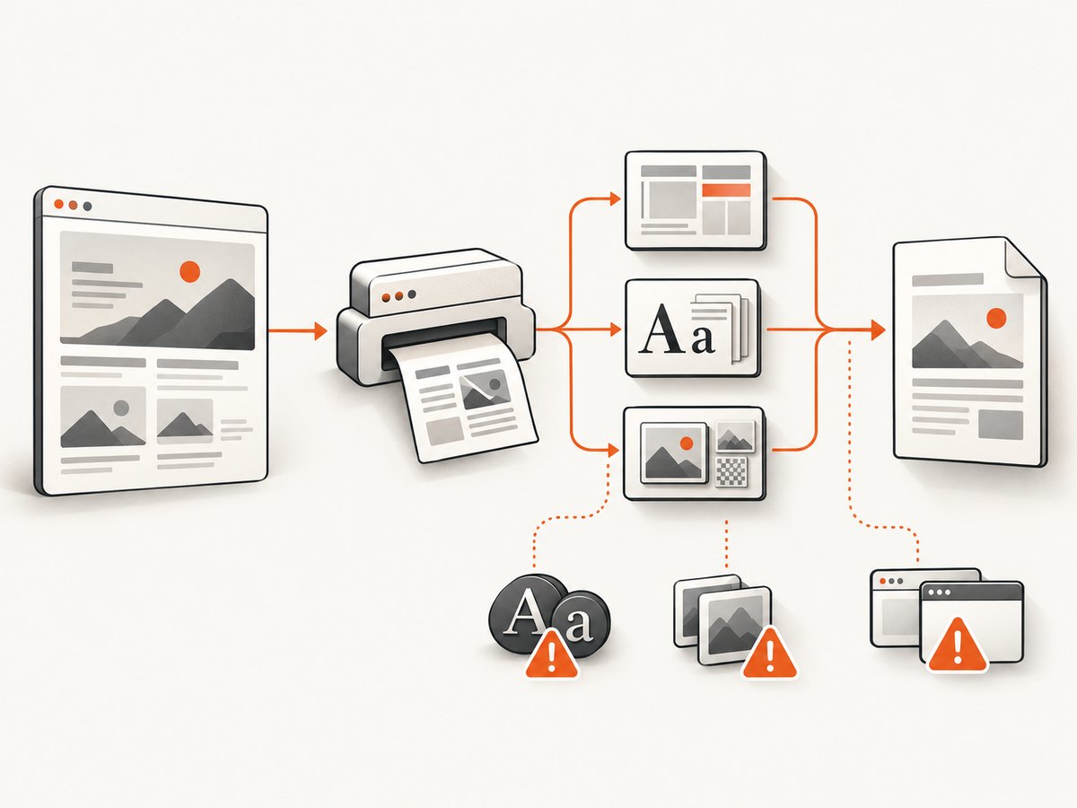 The Page.printToPDF path depends on browser revision, assets, fonts, and the runtime environment.