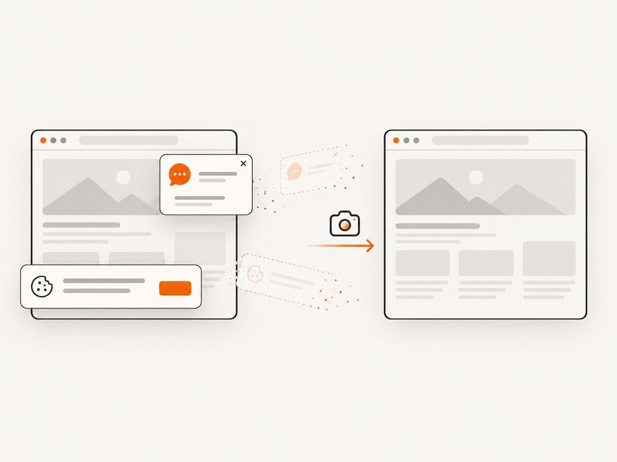 ScreenshotNeo removes known consent banners, newsletter popups, and chat widgets before capture.