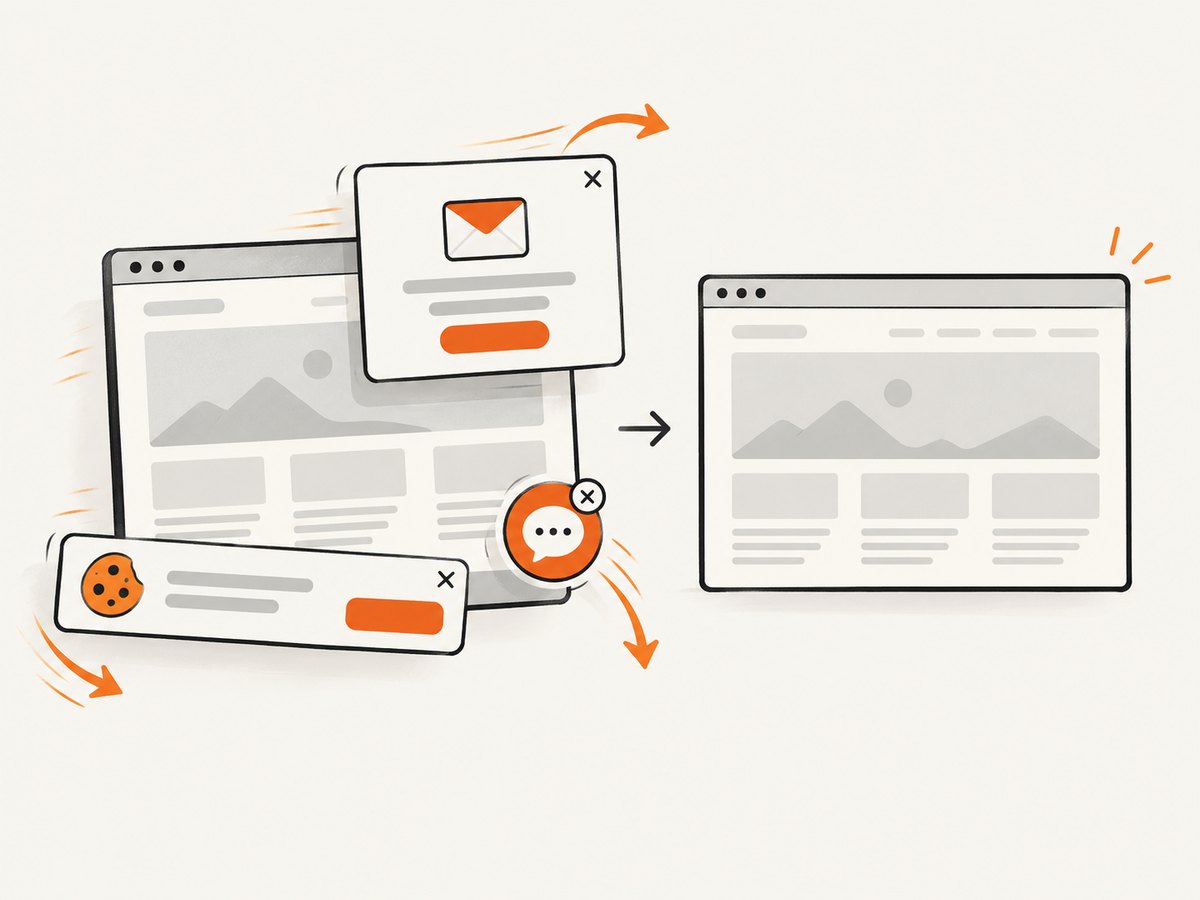 A capture pipeline can remove consent banners, popups, and chat widgets before saving the image.
