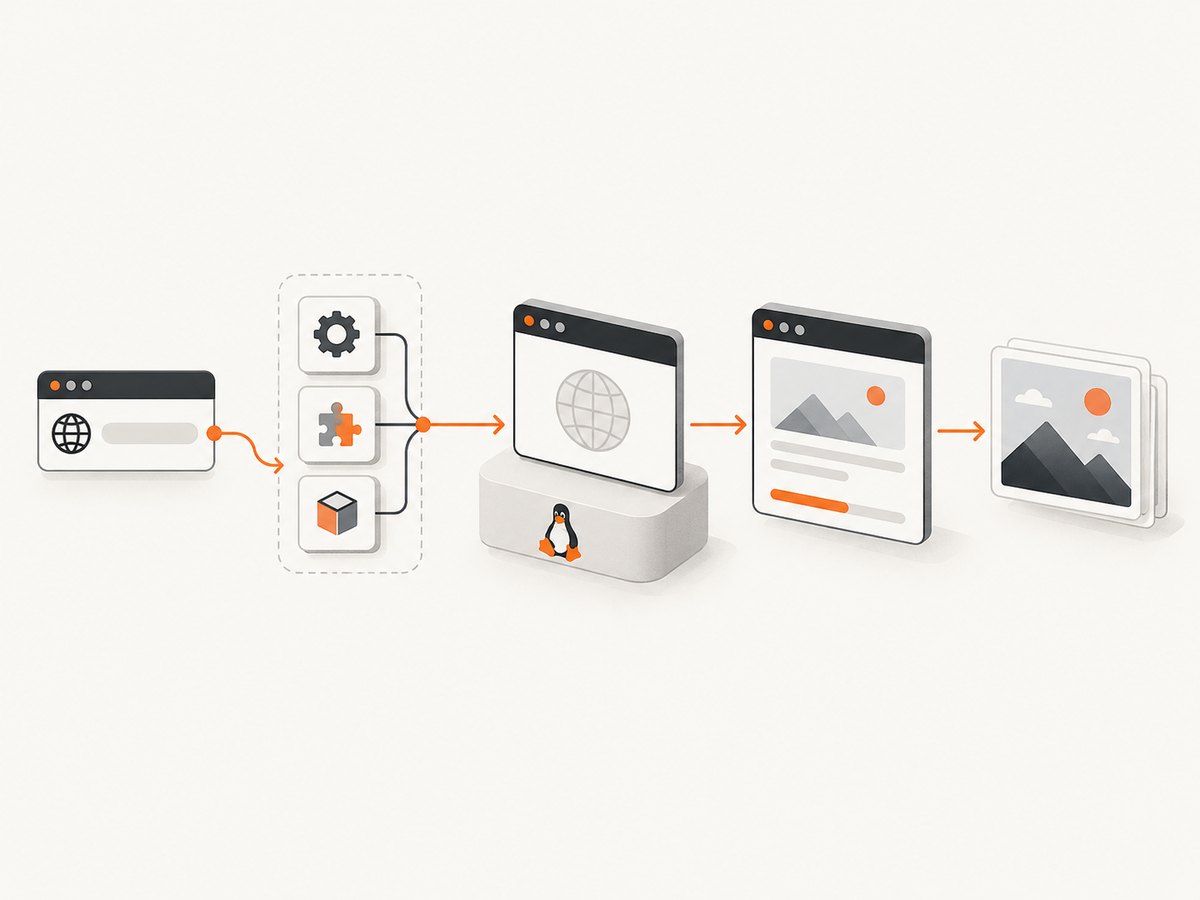 A Puppeteer capture passes through host dependencies, the browser binary and page loading before producing an image.