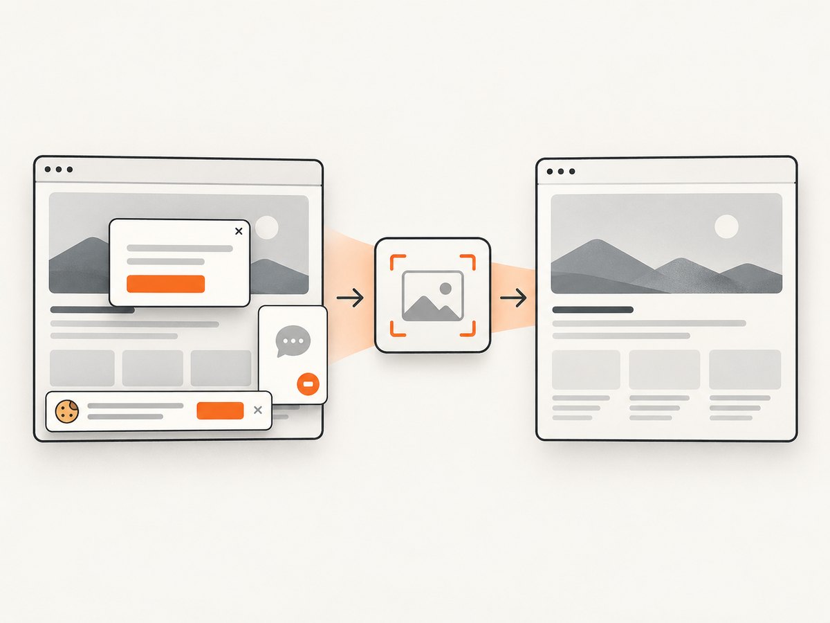 ScreenshotNeo cleans common consent banners, popups and chat widgets before capture.