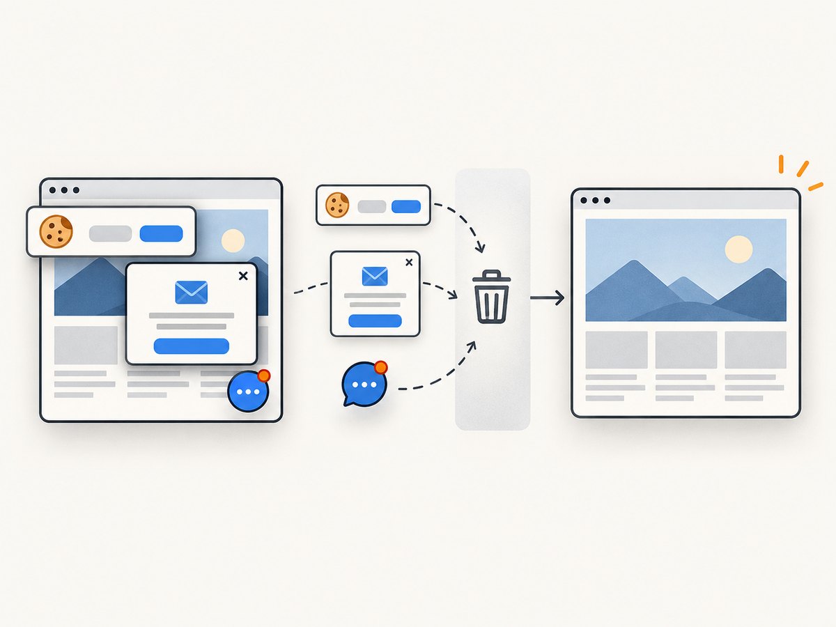 ScreenshotNeo removes common consent and overlay elements before capture.