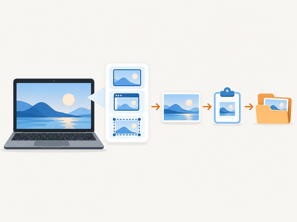 ChromeOS offers full-screen, window, and partial capture, with a clipboard copy and a configurable save folder.