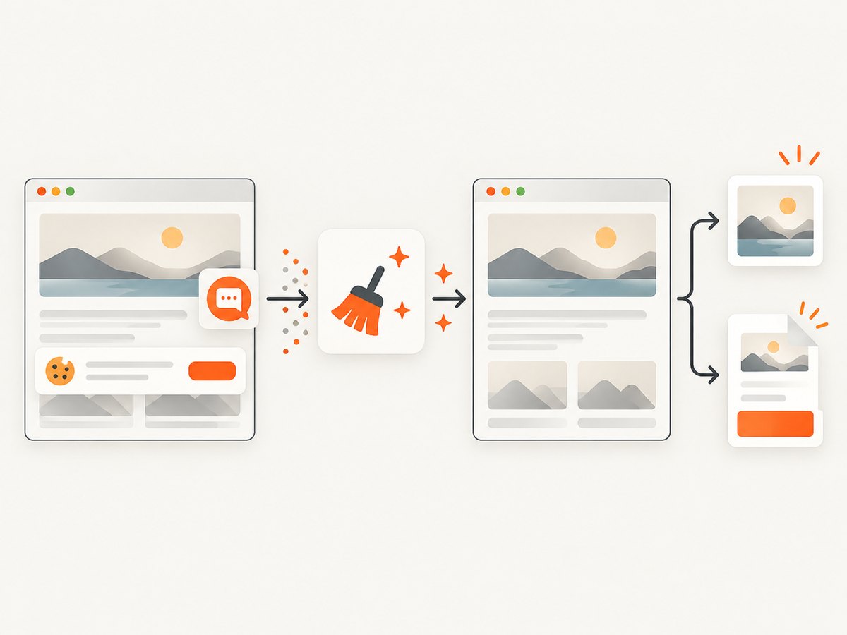 Rendered capture services can remove overlays before producing a stable image.