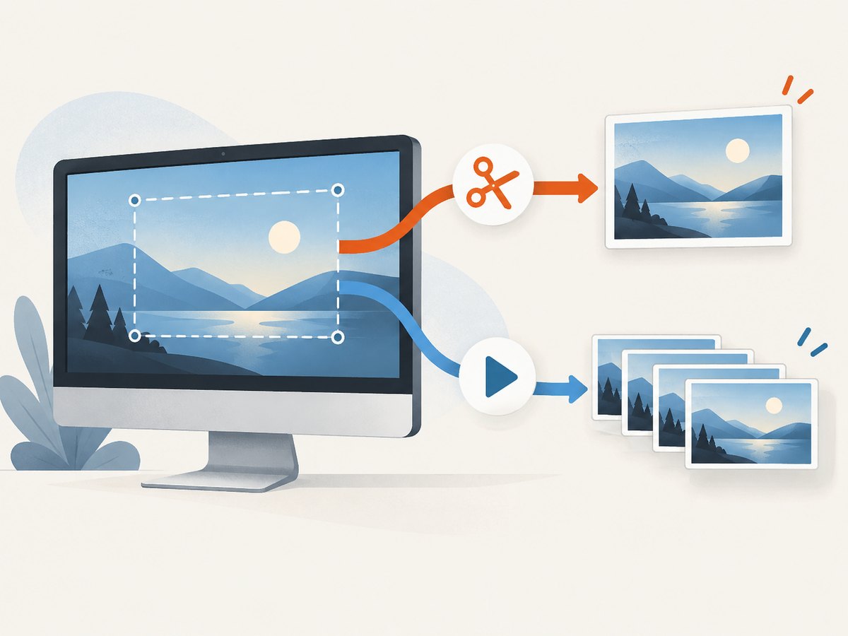 The screenshot shortcut and recording flow lead to different outputs; choose Record for a video clip.