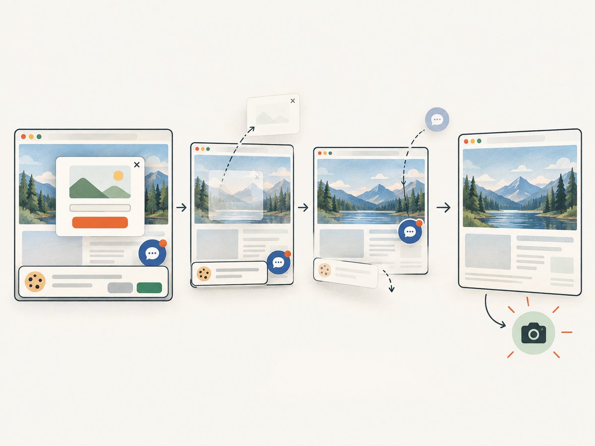 A screenshot service can clear common overlays before returning the page capture.