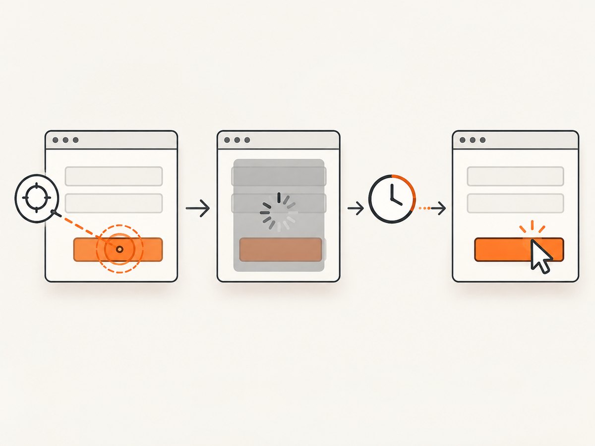 A submit click can fail because the center of the control is covered by an overlay or animation.