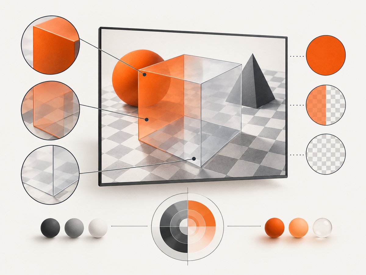 A fixed scene and background help isolate alpha and compositing differences.