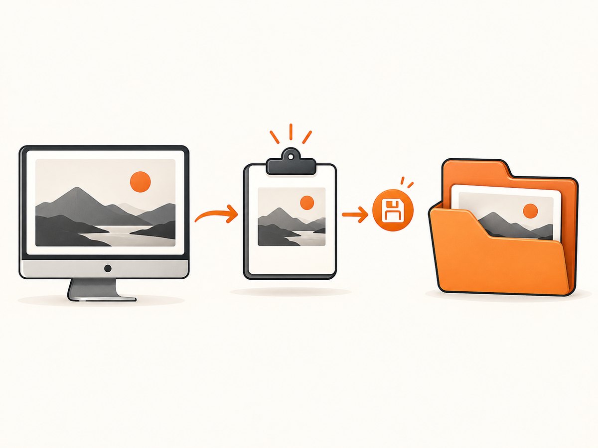 Print Screen copies to the clipboard; saving from an app creates a file at a chosen location.