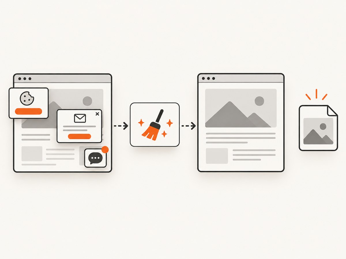 A website screenshot service can remove common overlays before returning a page capture.