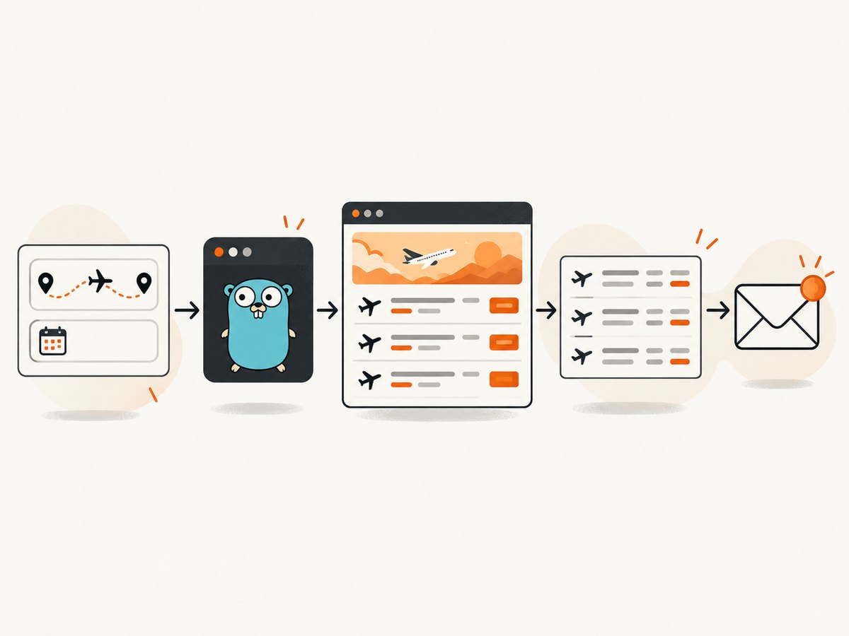 The documented workflow validates a route and date, parses flight results, and delivers them through SMTP.
