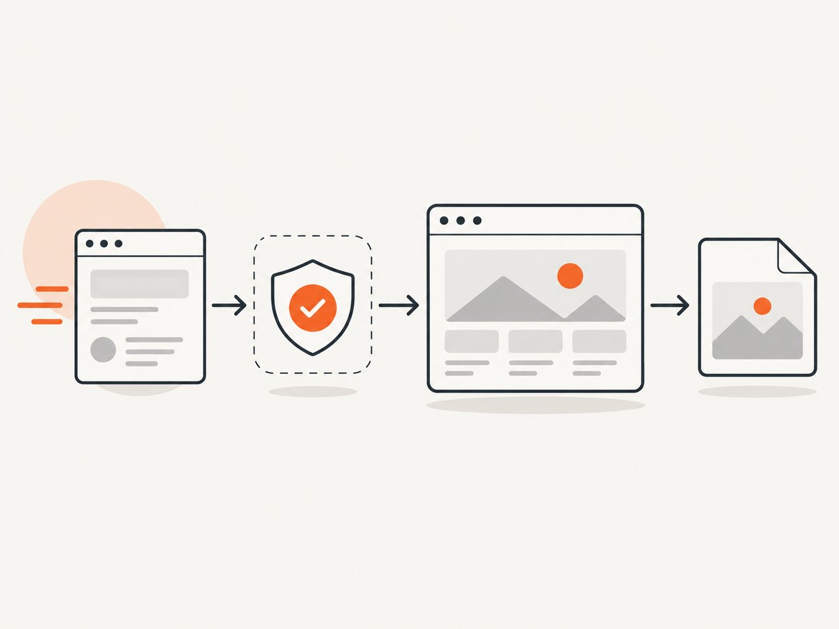 A repeatable web workflow moves from input and validation to browser rendering and a captured artifact.