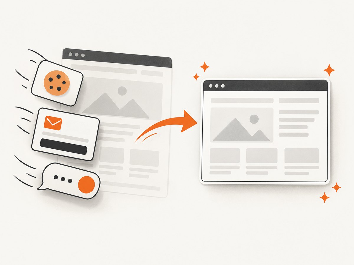 Removing overlays before capture keeps consent dialogs and widgets from covering page content.