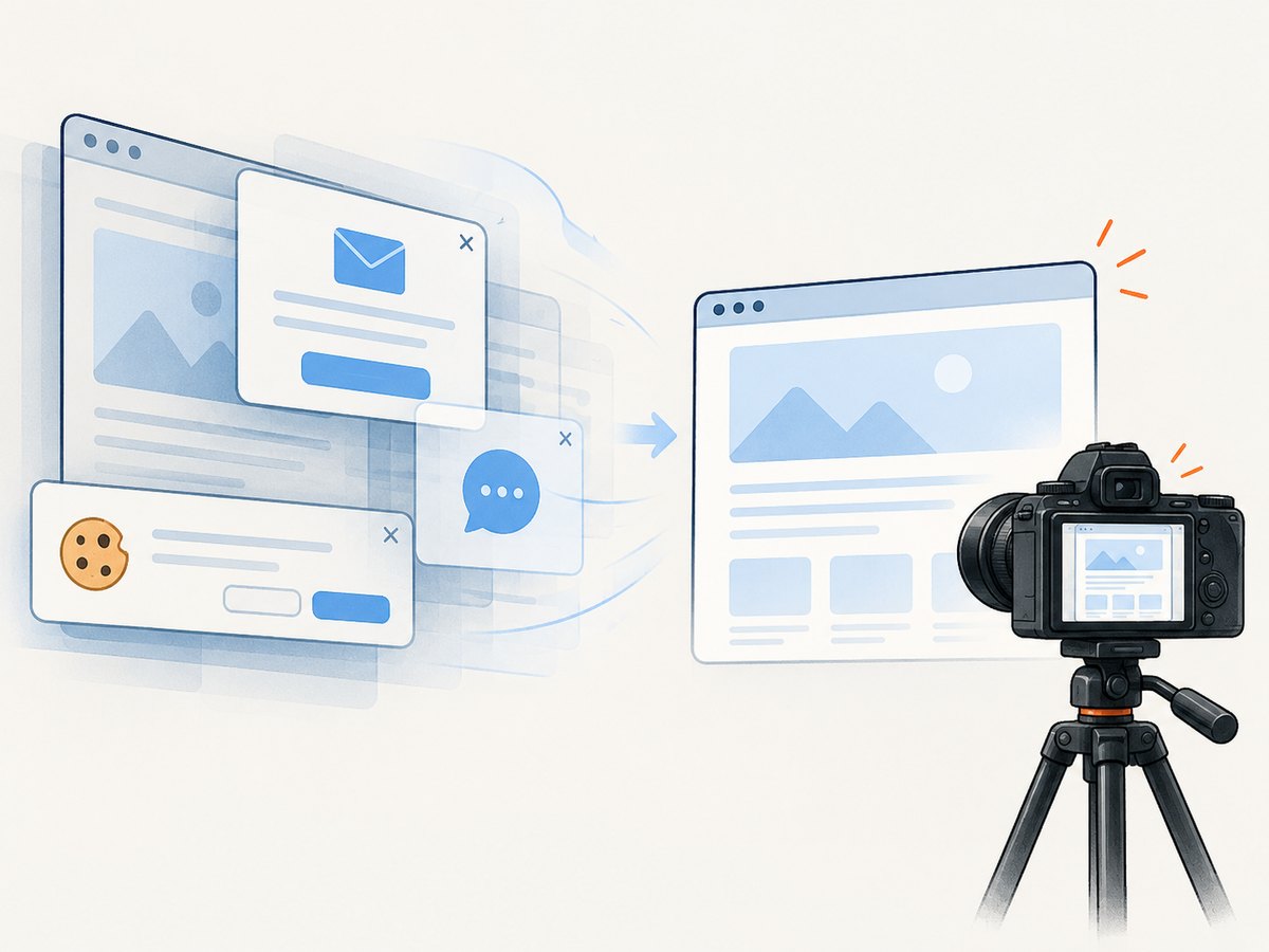 Automated capture can remove common consent and overlay elements before the shot.