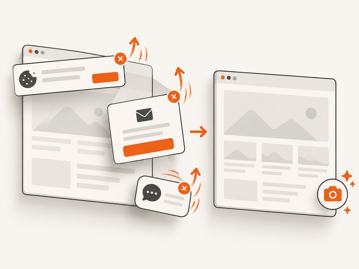 Automated capture can clear common overlays before saving the page.