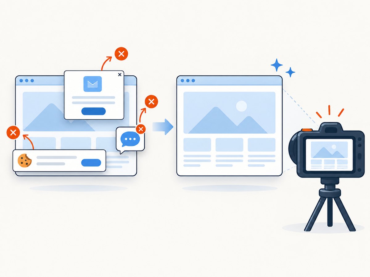 A capture service can remove common overlays before rendering the page.