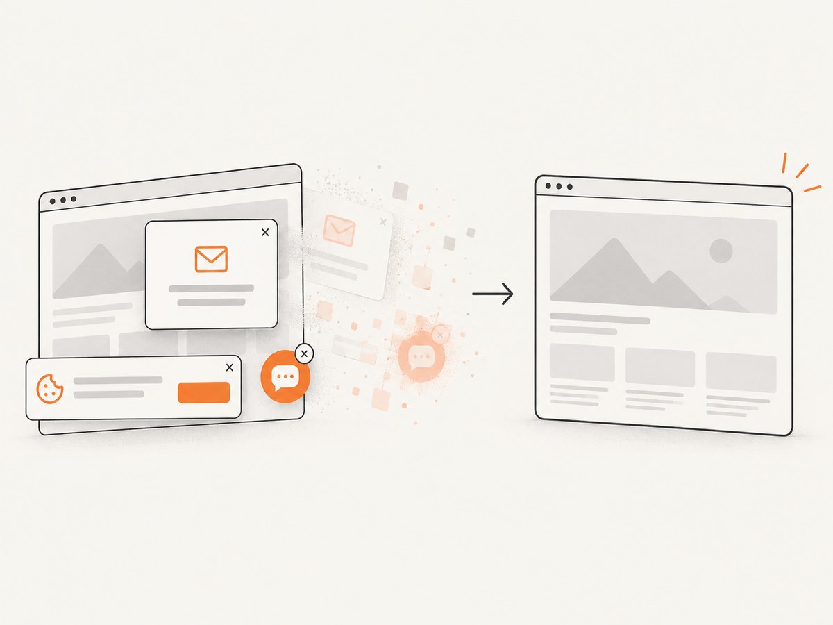 Automated capture can remove common consent banners, popups and chat widgets before rendering the final page.