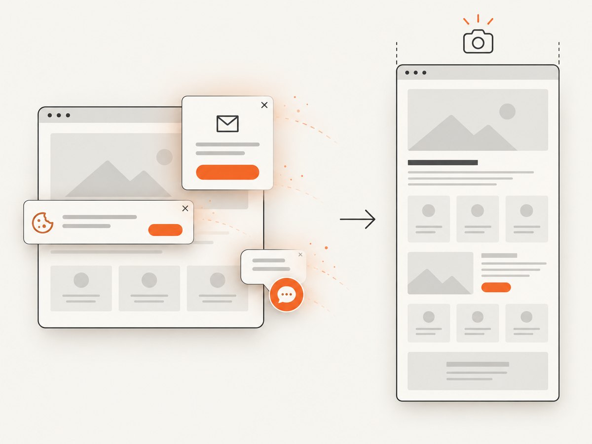Consent and overlay cleanup keeps banners and widgets from covering the rendered page.