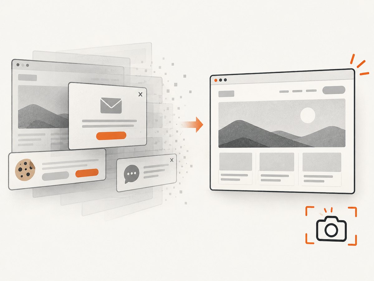 Automated capture can remove common overlays before saving the page.