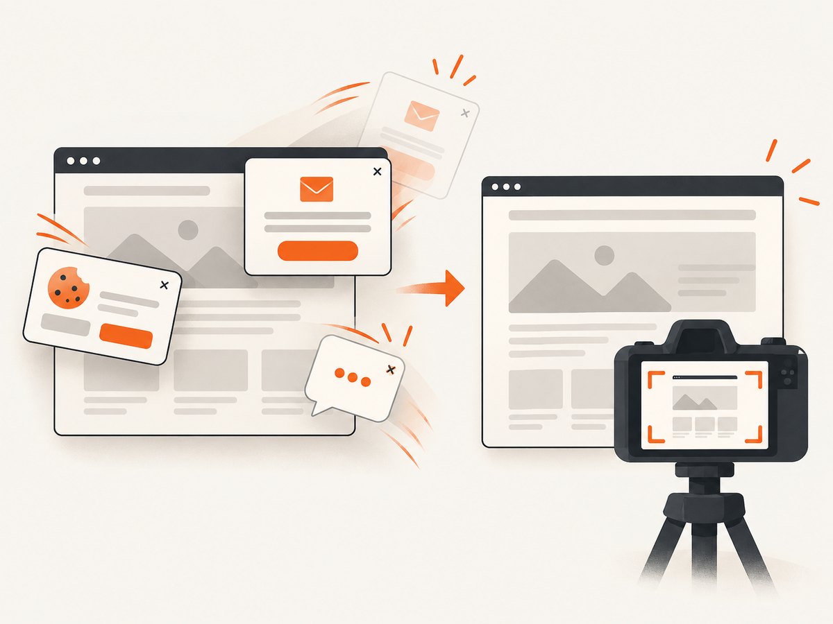 ScreenshotNeo can remove known consent banners, newsletter popups, and chat widgets before capture.