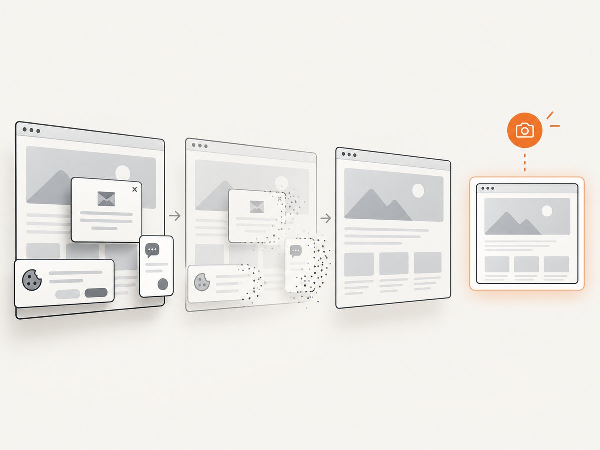 Automated website capture can remove consent banners and other overlays before rendering the final image.
