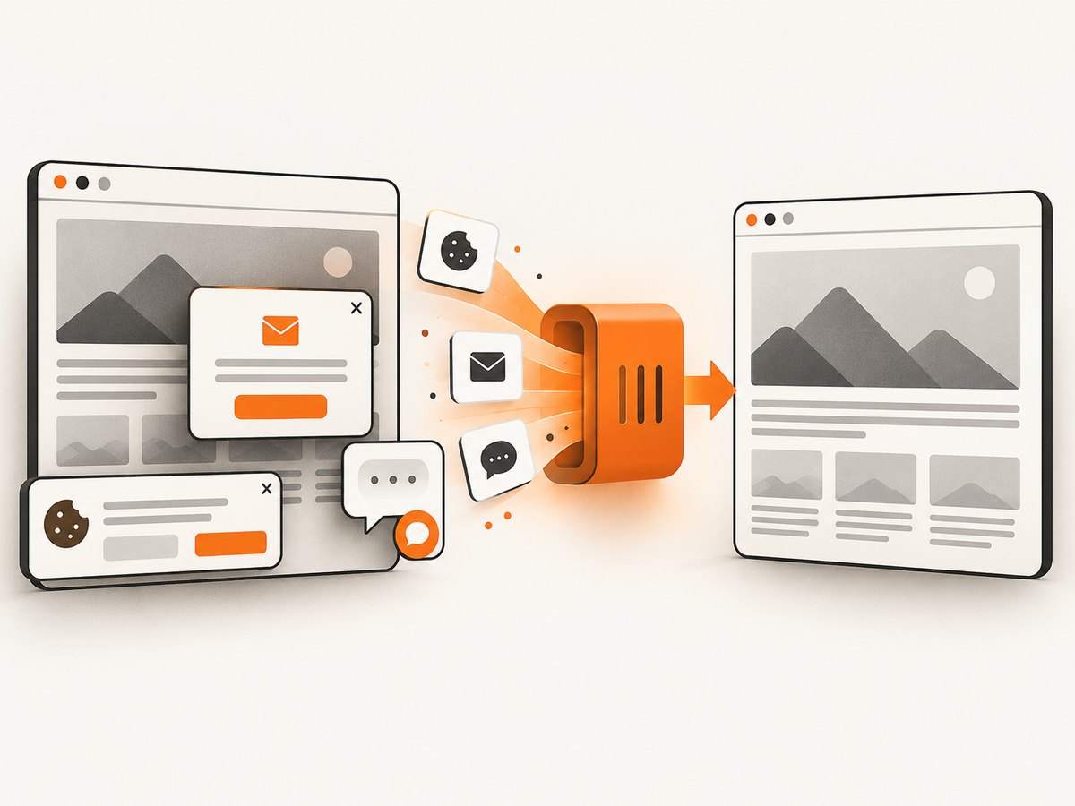 Automated capture can remove common overlays before saving a clean website image.