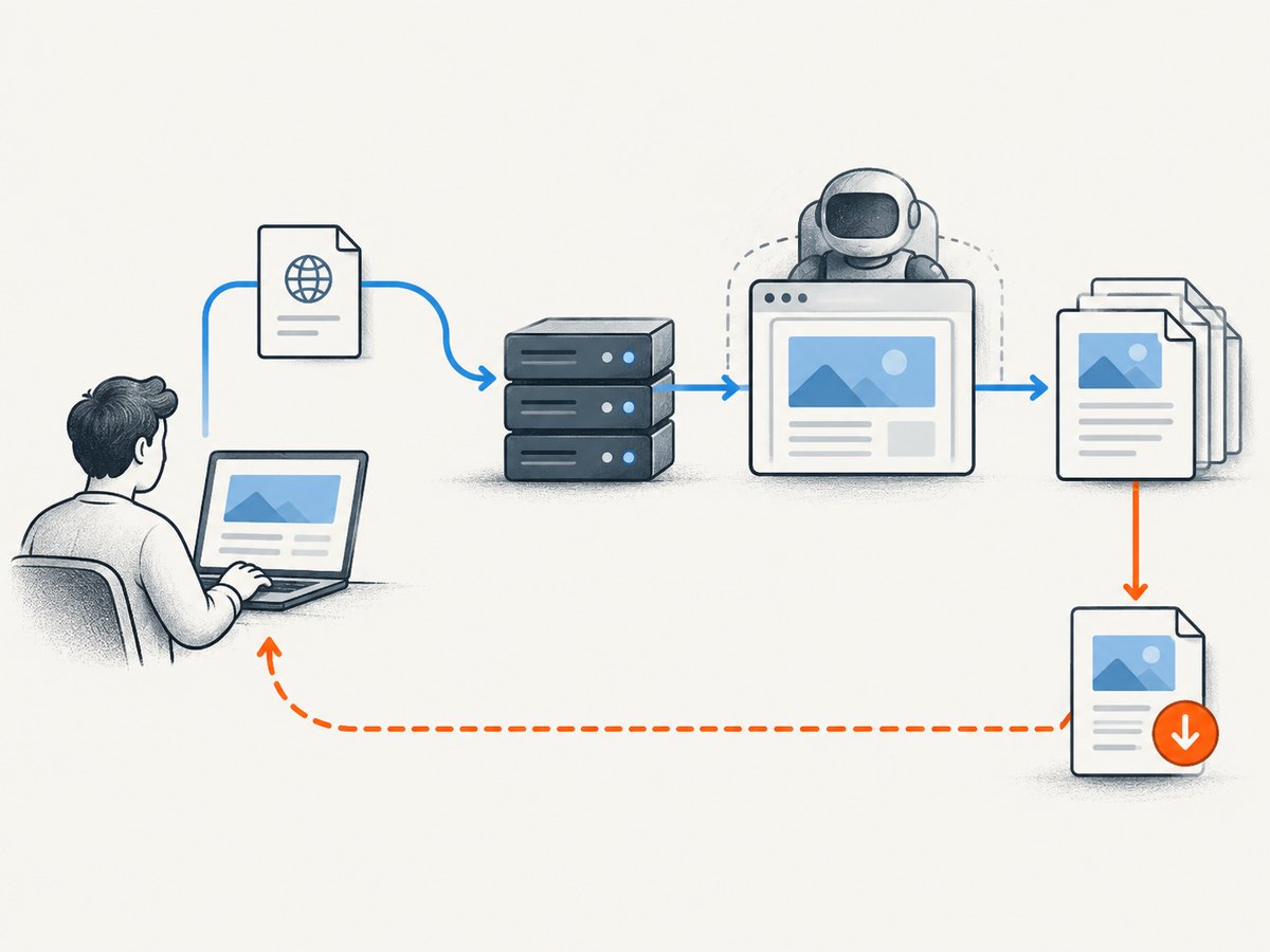 Socket.IO coordinates the job while Puppeteer renders the page and creates the PDF.
