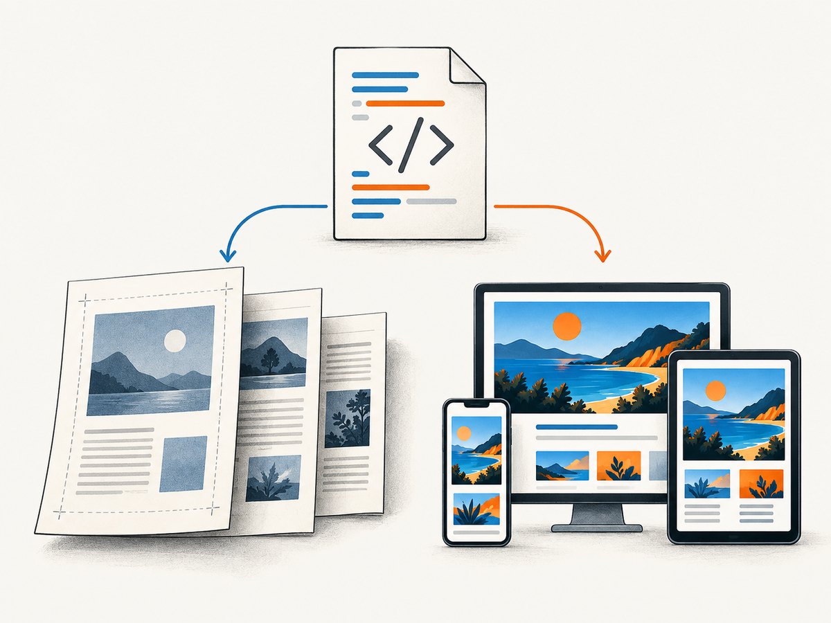 Puppeteer uses print media by default; screen styles require an explicit media emulation call.