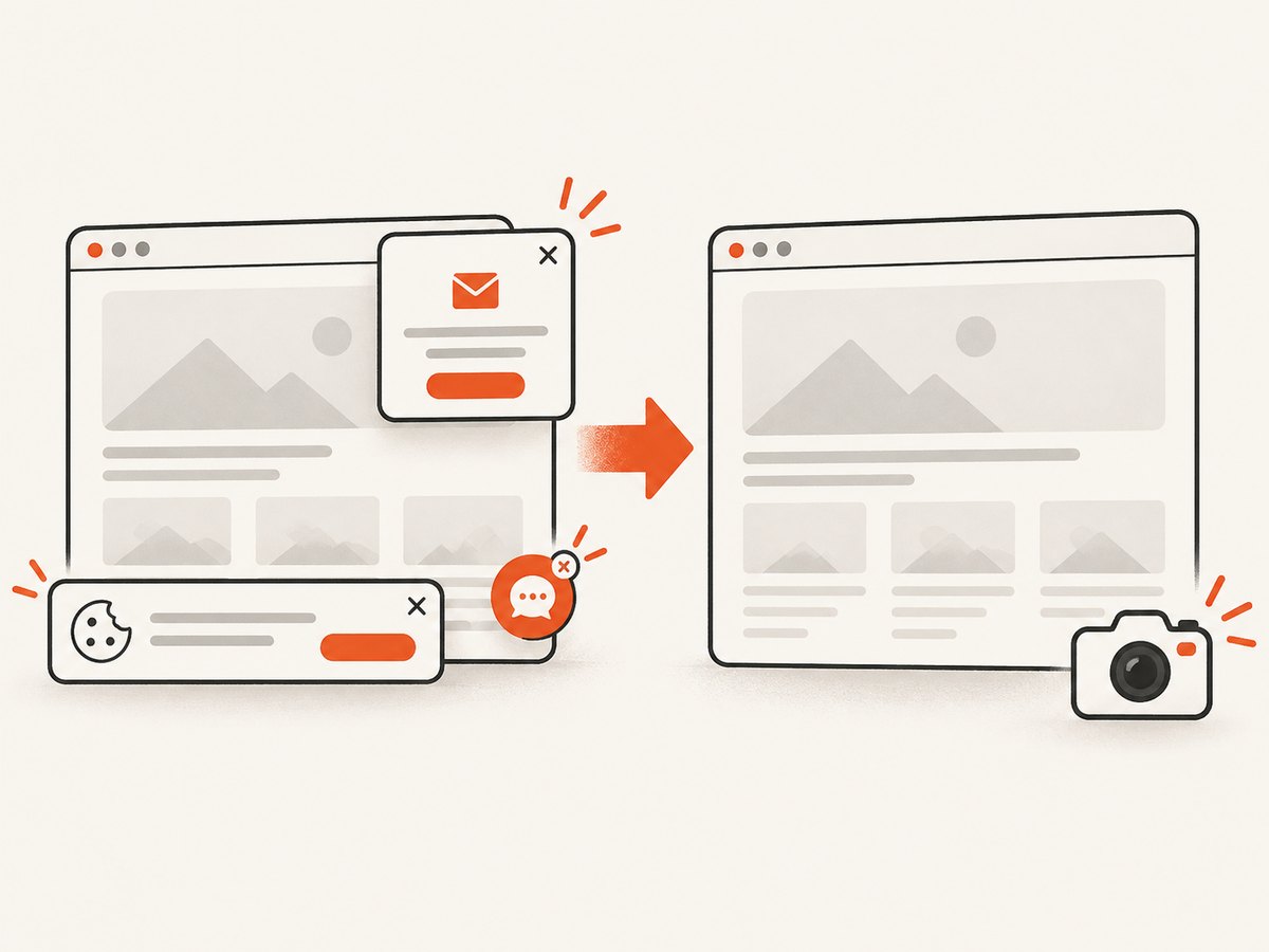 A capture pipeline can clean visitor-facing overlays before producing the final image.