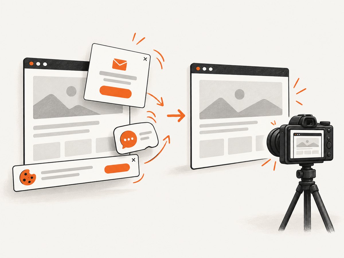 A deterministic capture waits for content and removes obstructing overlays before export.