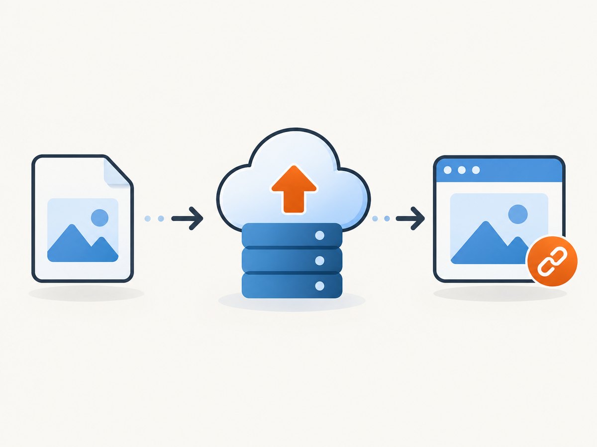 An upload service turns a local file into a retrievable JPG delivery URL.
