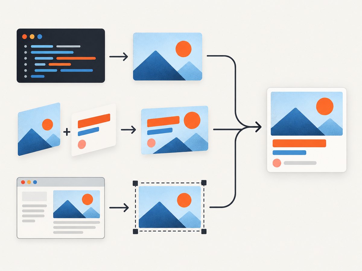 Three implementation patterns can produce page-specific Open Graph images: code rendering, template transformation, and browser capture.