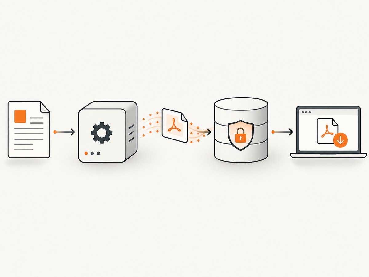 A safe create, store, authorize, and retrieve flow for generated PDFs.