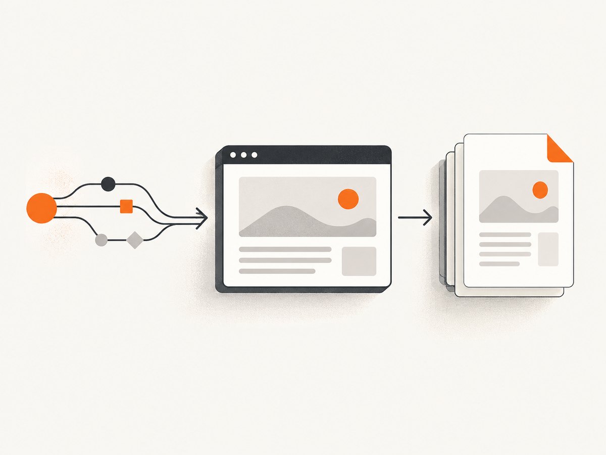 The reliable pipeline is request, browser render, asset wait, PDF buffer, and Express response.