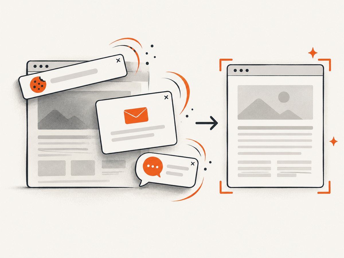 Cleaning page overlays before capture prevents consent and support widgets from entering the output.