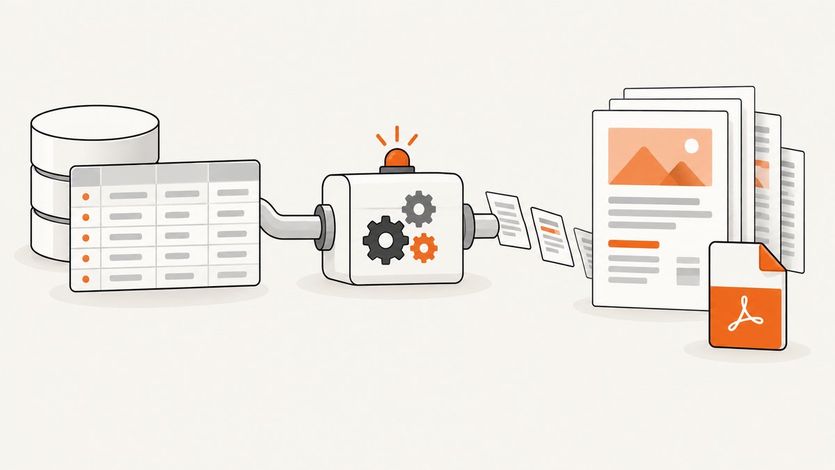 The on-demand pipeline: select rows, render a report, convert it, then save or return the PDF.