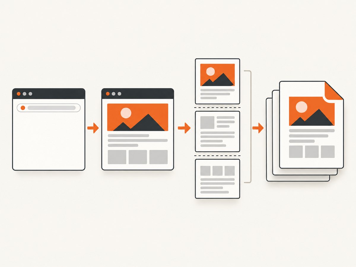 A PDF workflow renders page content first, then applies paper dimensions and pagination.