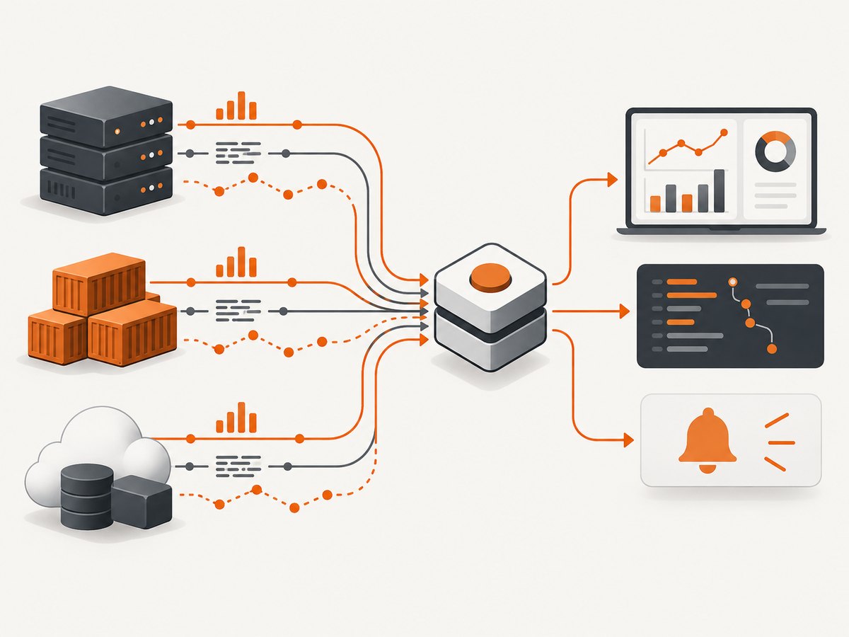 A collector gathers complementary signals and forwards them to an observability backend.