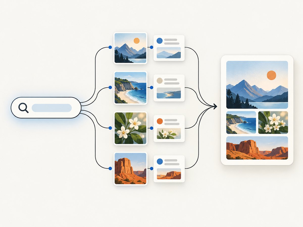 Image search finds candidate images and their source pages; the application still needs to validate results and rights.