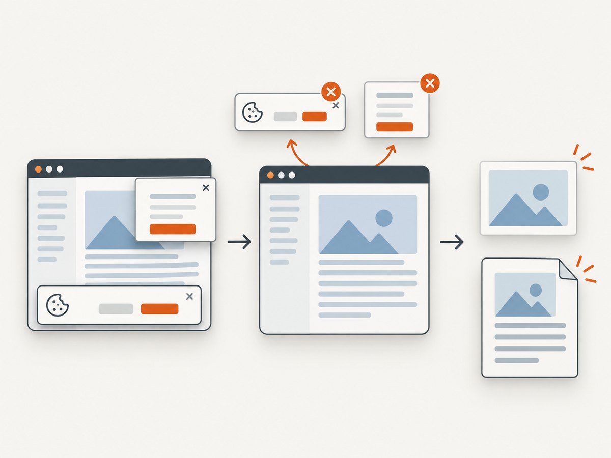 A screenshot pipeline can remove consent and overlay elements before producing a clean capture.