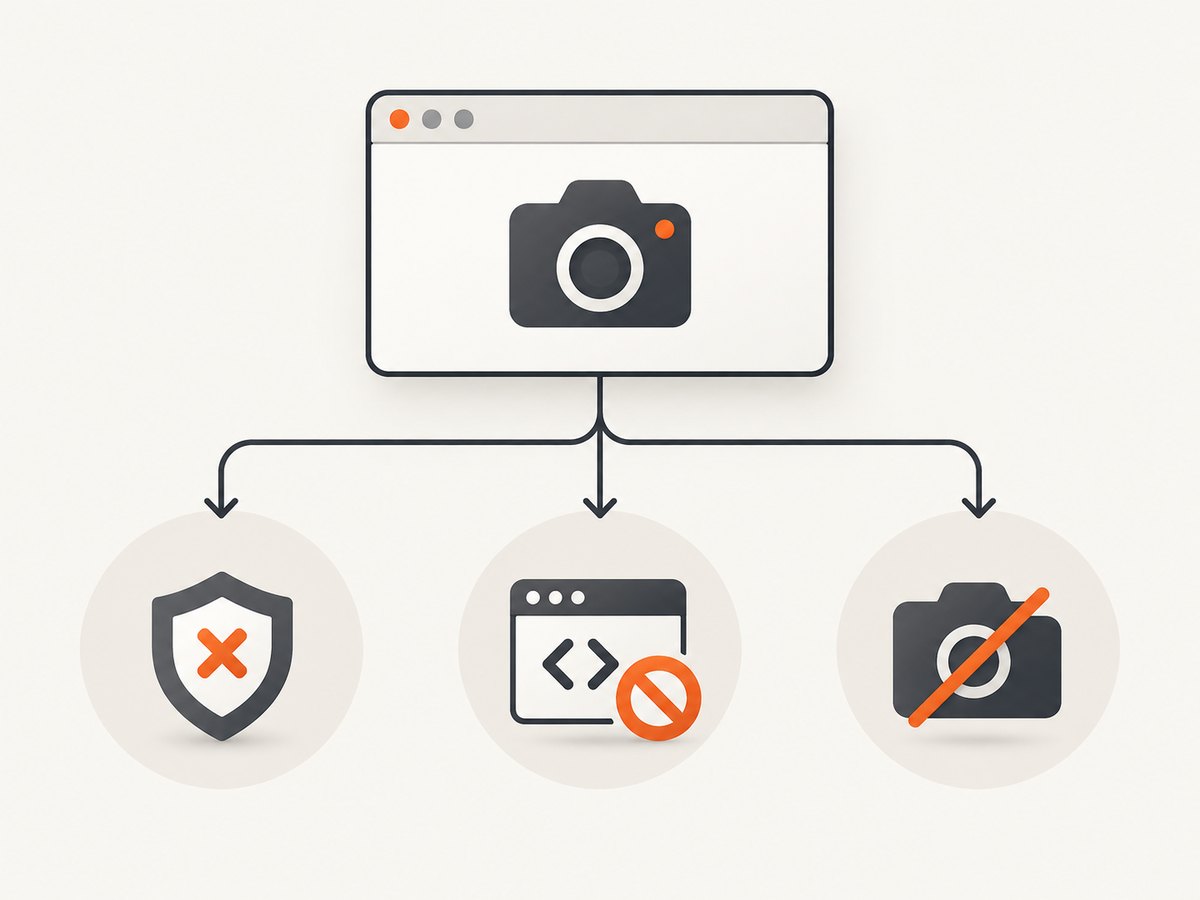 Camera startup problems have different causes, so permission, browser support, and device availability need separate checks.