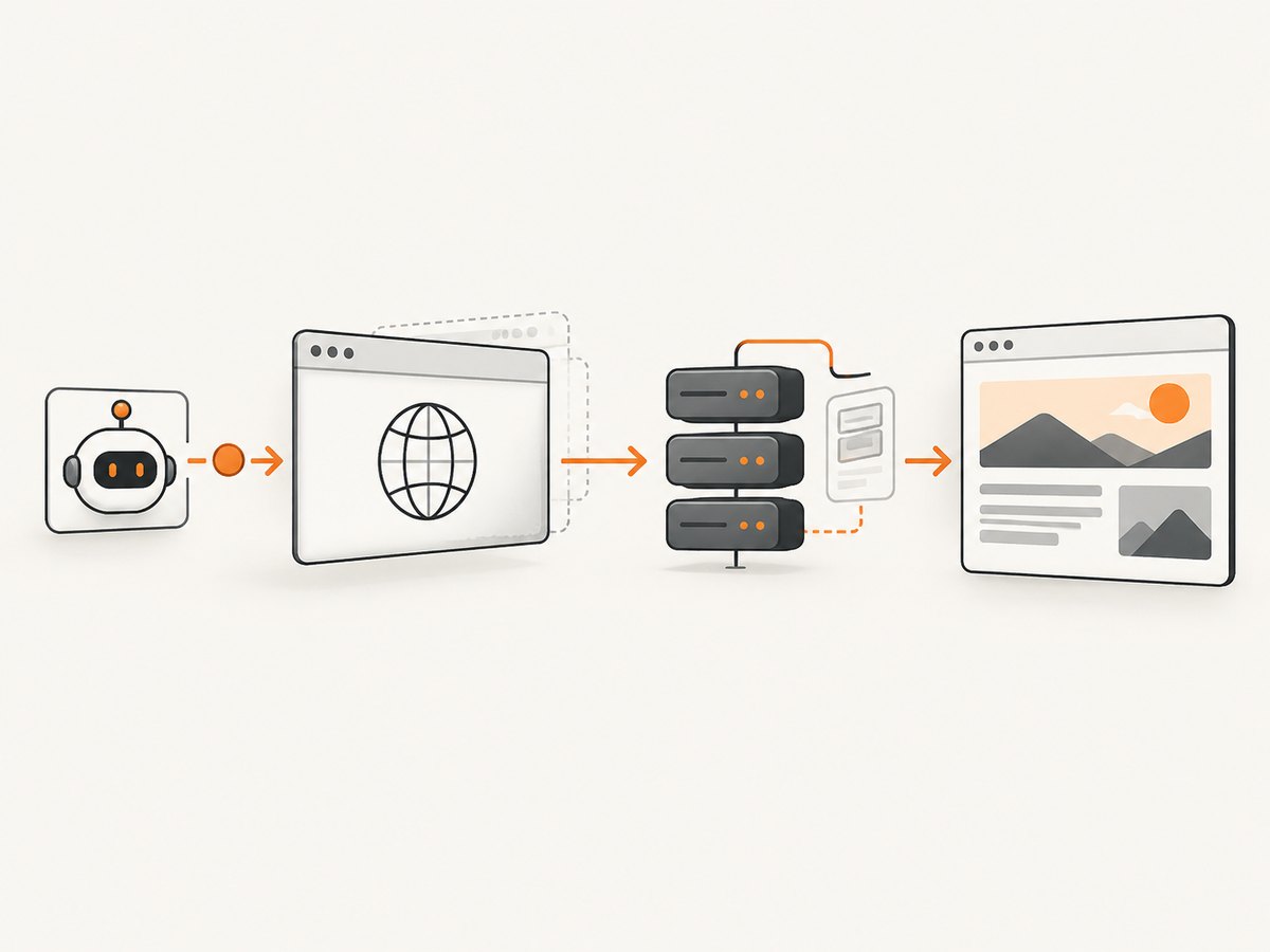 An agent sends an action to a headless browser and receives a rendered observation or artifact.