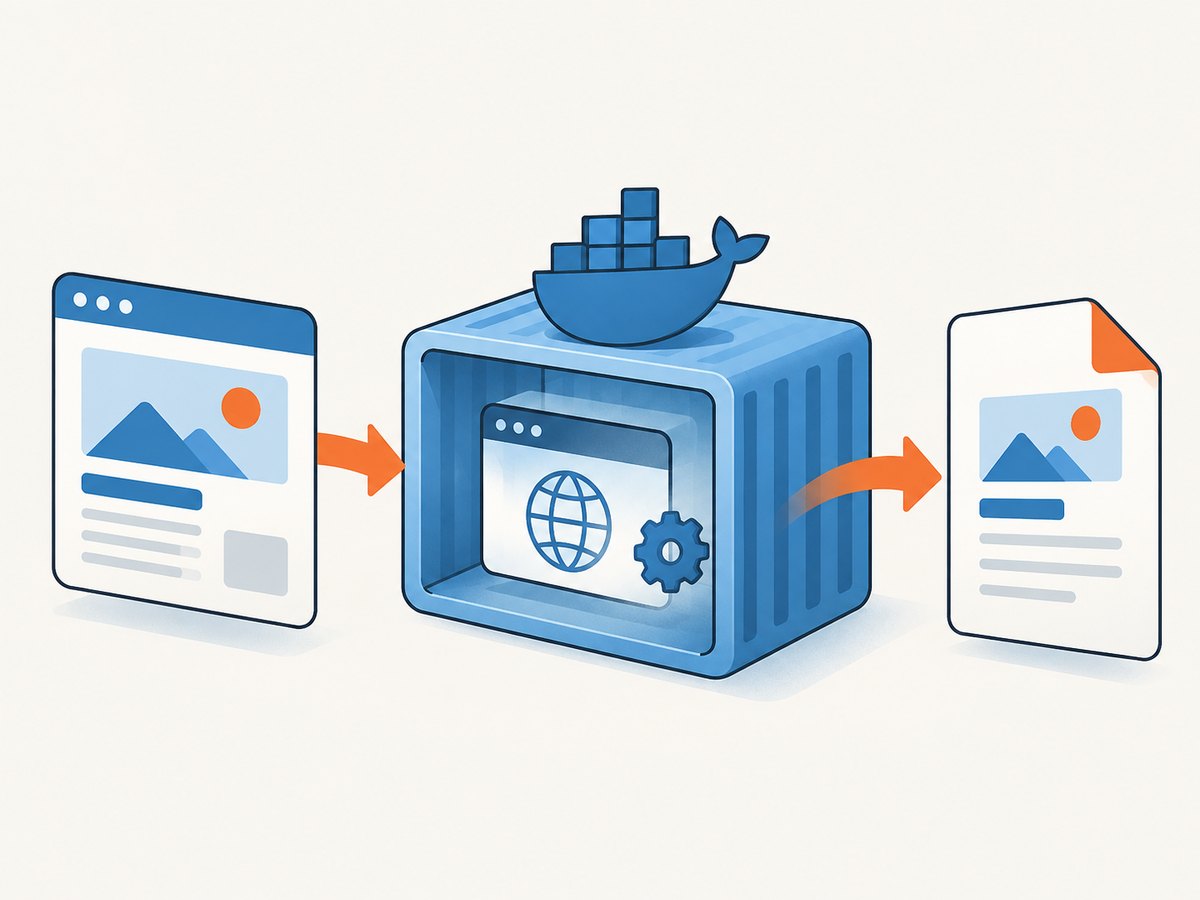 The basic flow: a container starts Headless Chrome, navigates to HTML, and writes a PDF.
