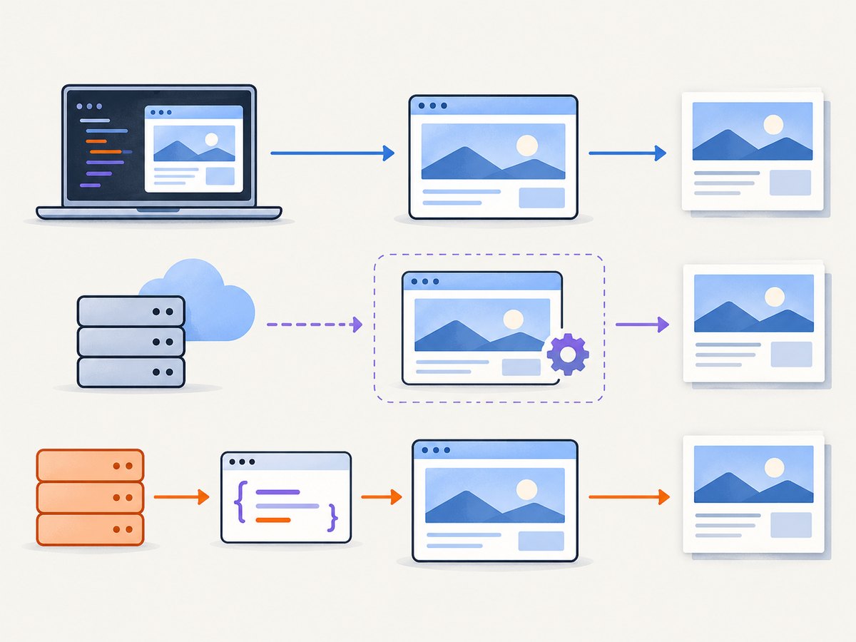 The three common ways to capture a rendered webpage: run the browser, connect to one remotely, or request an image from an API.