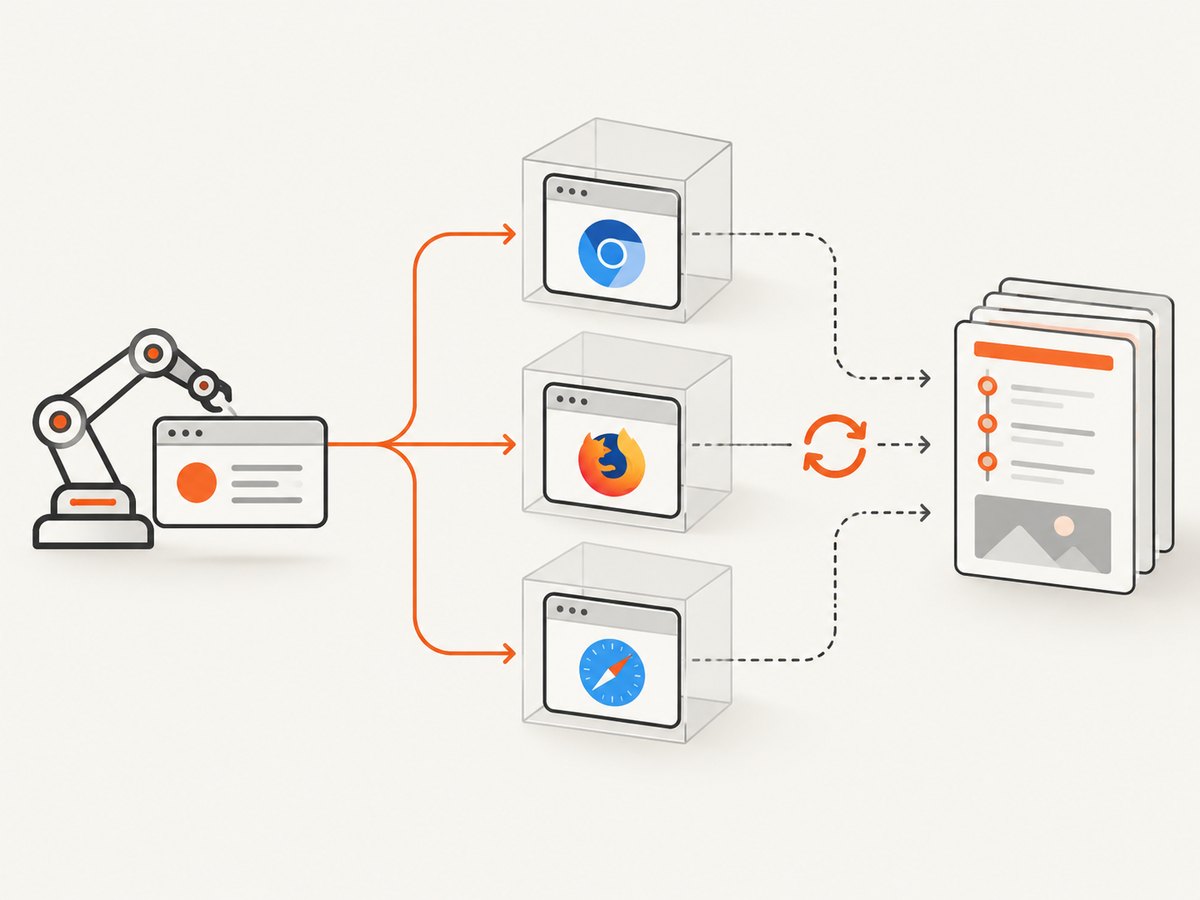 A deterministic pipeline isolates test data, runs a deliberate browser matrix and records a trace when a retry is needed.