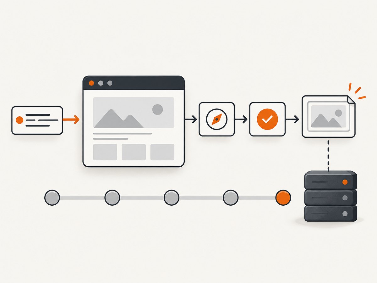 A headless test navigates, asserts page state and stores an artifact for CI review.