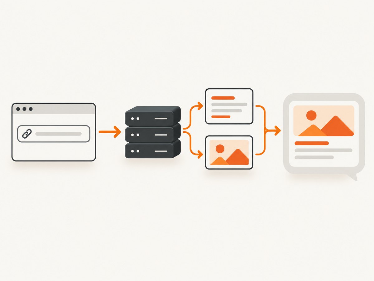 A shared URL triggers a fetch for page metadata and representative media.