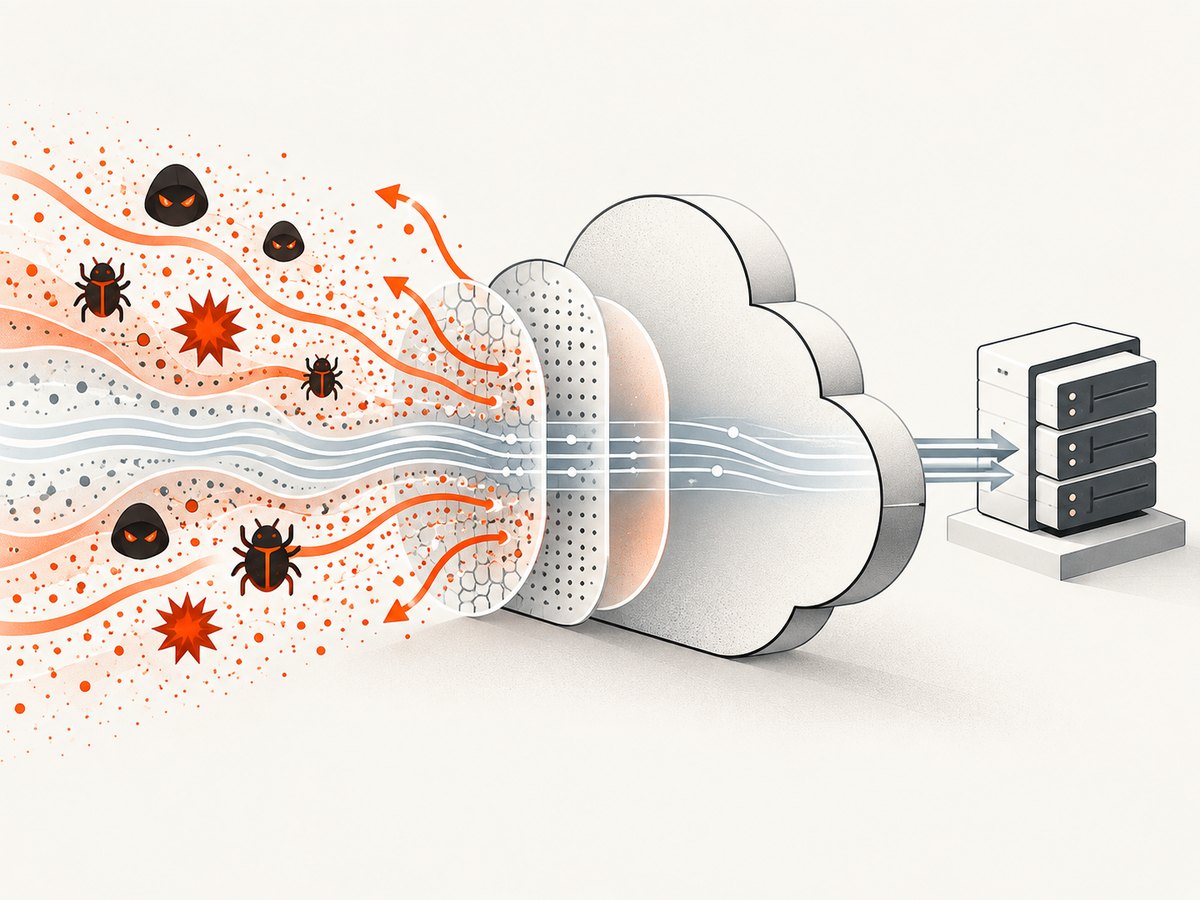 Cloudflare adds several filtering layers before requests reach the origin.