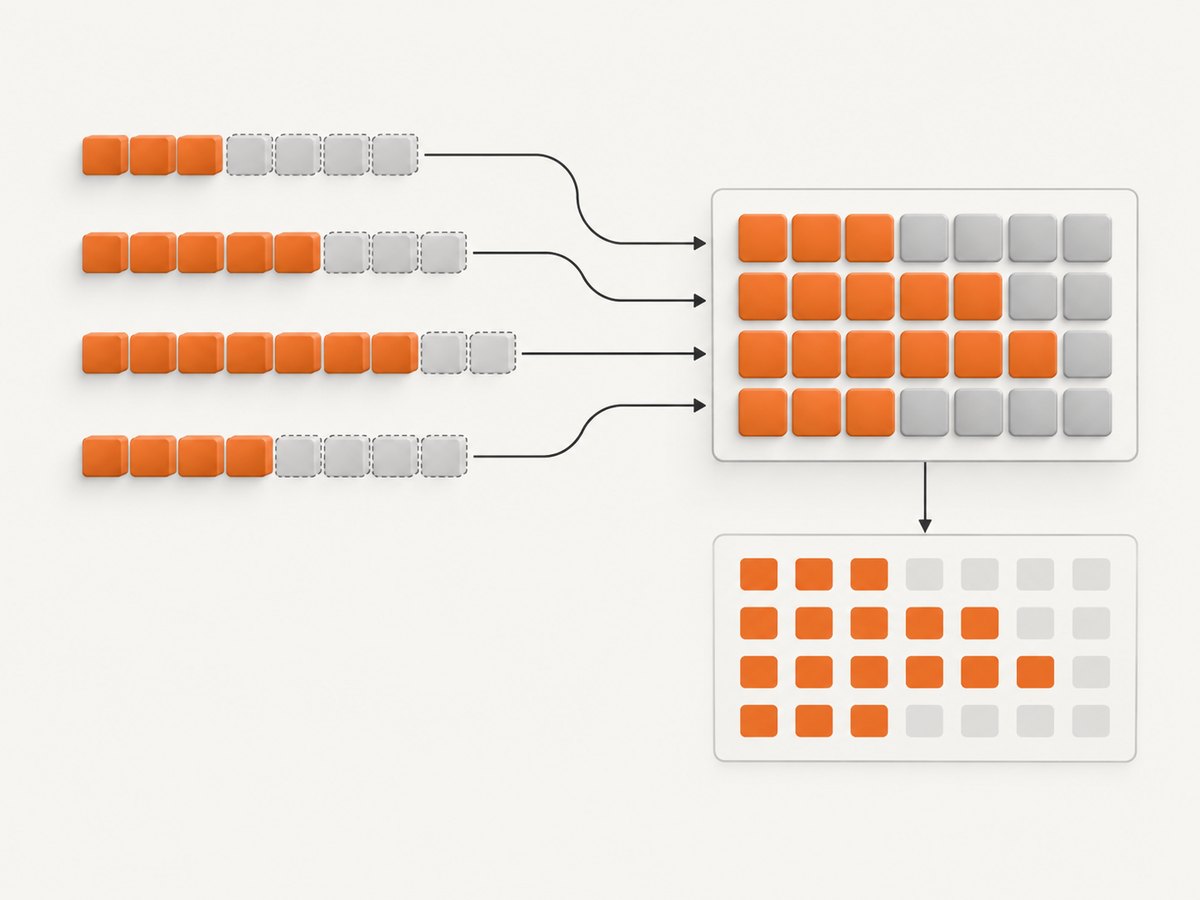 Padding aligns variable-length samples while a mask records which positions contain real data.